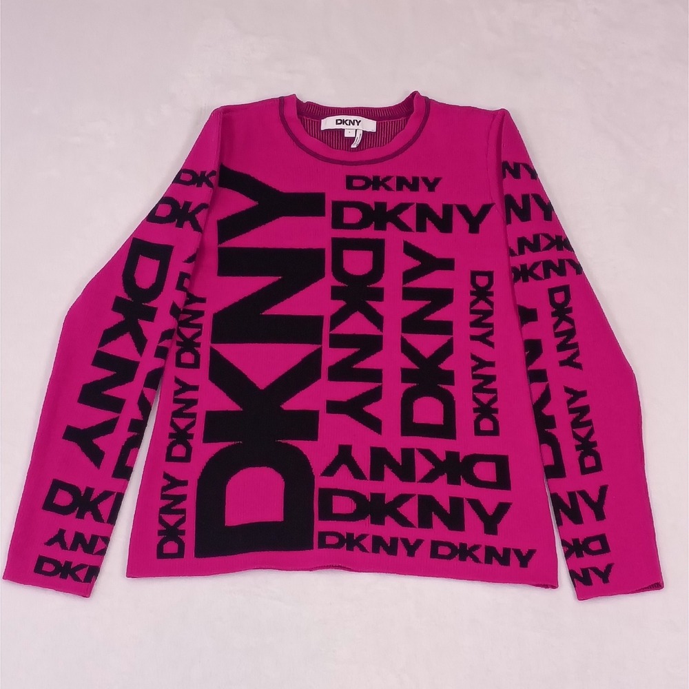 DKNY Womens Fuchsia Pink Black All Over Logo Ribbed Knit Sweater Large - Picture 2 of 8